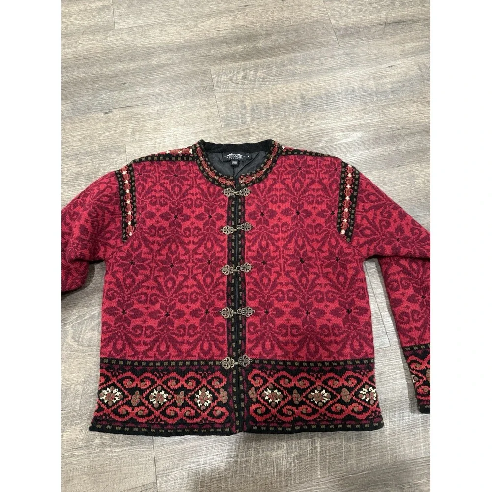 Icelandic Design Knit Cardigan Sweater Wool Red‎ Nordic cheongsam Size M VTG